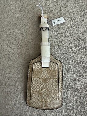 Coach Canvas Luggage Tag in Tan and Cream with Gold Hardware